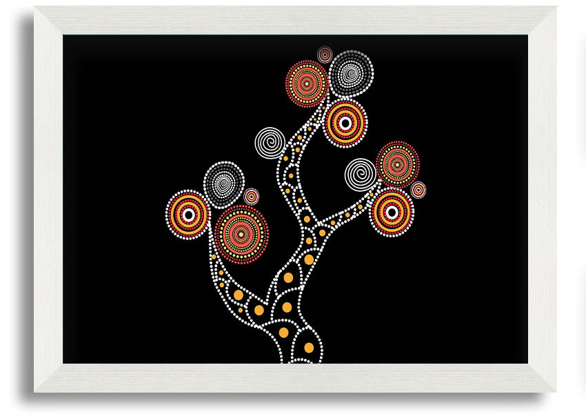 Framed Aboriginal Tree 1 print showcasing vibrant colors and intricate patterns, ready to hang.